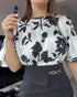 2 Pieces Outfit Floral Print Round Neck Bell Sleeve Satin Top and High Waist Wide Leg Work Pants Set black