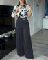 2 Pieces Outfit Floral Print Round Neck Bell Sleeve Satin Top and High Waist Wide Leg Work Pants Set black
