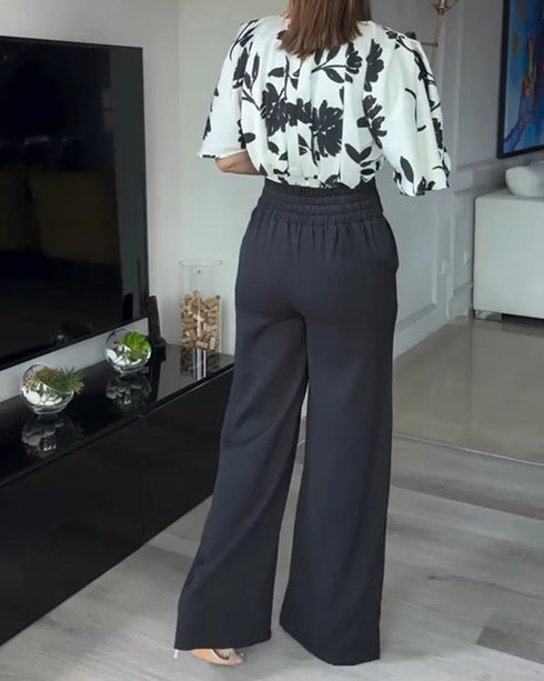 2 Pieces Outfit Floral Print Bell Sleeve Satin Blouse Top and Casual High Waist Work Pants Set black