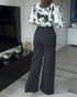 2 Pieces Outfit Floral Print Bell Sleeve Satin Blouse Top and Casual High Waist Work Pants Set black