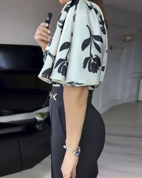 2 Pieces Outfit Floral Print Bell Sleeve Satin Blouse Top and Casual High Waist Work Pants Set black