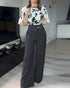 2 Pieces Outfit Floral Print Bell Sleeve Satin Blouse Top and Casual High Waist Work Pants Set black