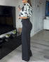 2 Pieces Outfit Floral Print Round Neck Bell Sleeve Satin Top and High Waist Wide Leg Work Pants Set black