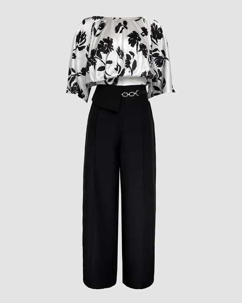2 Pieces Outfit Floral Print Round Neck Bell Sleeve Satin Top and High Waist Wide Leg Work Pants Set black