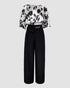 2 Pieces Outfit Floral Print Bell Sleeve Satin Blouse Top and Casual High Waist Work Pants Set black