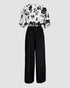 2 Pieces Outfit Floral Print Round Neck Bell Sleeve Satin Top and High Waist Wide Leg Work Pants Set black