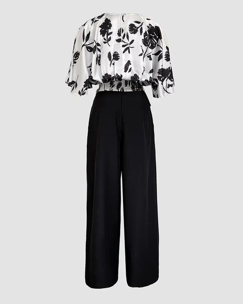 2 Pieces Outfit Floral Print Bell Sleeve Satin Blouse Top and Casual High Waist Work Pants Set black