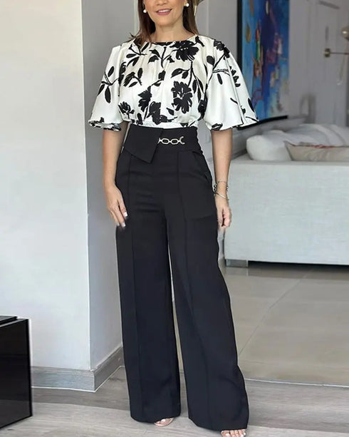2 Pieces Outfit Floral Print Bell Sleeve Satin Blouse Top and Casual High Waist Work Pants Set black