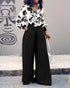 2 Pieces Outfit Floral Print Cowl Neck Lantern Sleeve Stretchy Hem Crop Top and Casual Elastic Back Waist Wide Leg Pants Set black