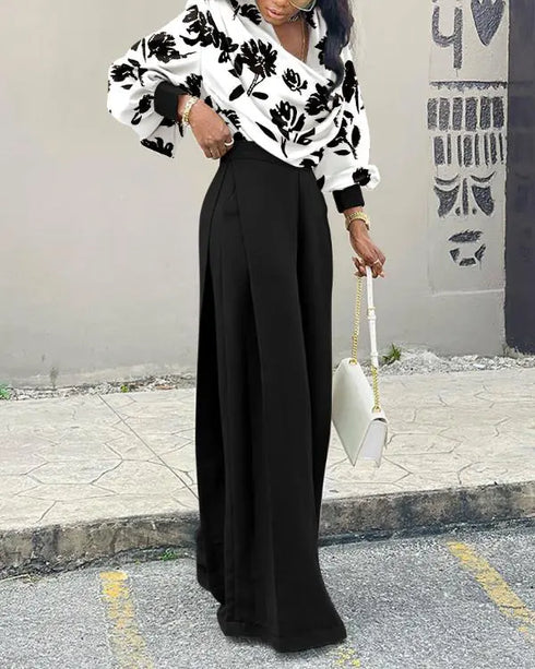2 Pieces Outfit Floral Print Cowl Neck Lantern Sleeve Stretchy Hem Crop Top and Casual Elastic Back Waist Wide Leg Pants Set black