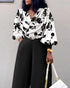 2 Pieces Outfit Abstract Print Cowl Neck Lantern Sleeve Stretchy Hem Crop Top and Casual Zipper Side Ruched Wide Leg Pants Set black