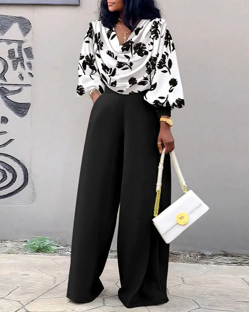 2 Pieces Outfit Abstract Print Cowl Neck Lantern Sleeve Stretchy Hem Crop Top and Casual Zipper Side Ruched Wide Leg Pants Set black