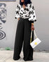 2 Pieces Outfit Multi-color All Over Print Cowl Neck Lantern Sleeve Stretchy Hem Loose Crop Top and Casual Elastic Back Waist Wide Leg Pants Set black