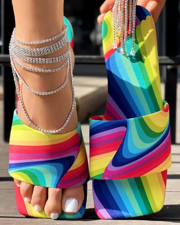 Rainbow Stripe Square Toe Slippers Multicolor