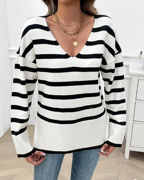 Striped V-Neck Long Sleeve Side Slit Knit Sweater white