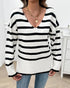Striped V-Neck Long Sleeve Side Slit Knit Sweater white