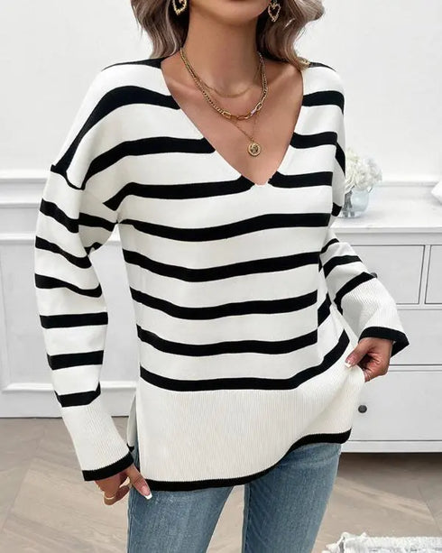 Striped V-Neck Long Sleeve Side Slit Knit Sweater white
