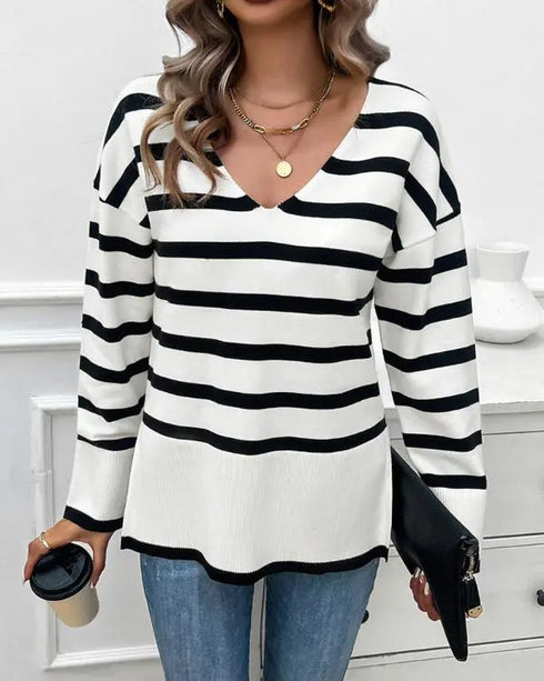 Striped V-Neck Long Sleeve Side Slit Knit Sweater white
