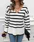 Striped V-Neck Long Sleeve Side Slit Knit Sweater white