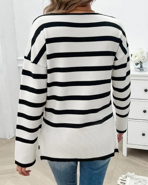 Striped V-Neck Long Sleeve Side Slit Knit Sweater white