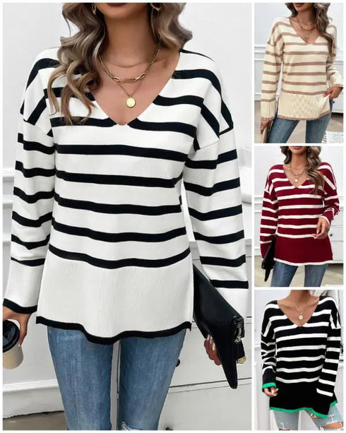 Striped V-Neck Long Sleeve Side Slit Knit Sweater white