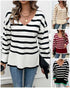 Striped V-Neck Long Sleeve Side Slit Knit Sweater white