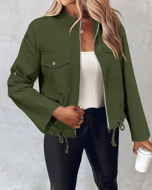 Flap Pocket Roll Tab Sleeve Drawstring Hem Zip Up Jacket Army green