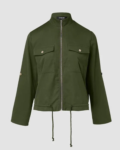 Flap Pocket Roll Tab Sleeve Drawstring Hem Zip Up Jacket Army green