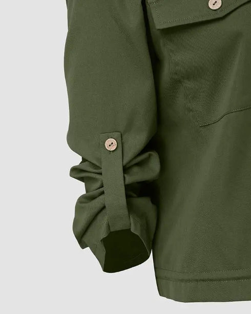 Flap Pocket Roll Tab Sleeve Drawstring Hem Zip Up Jacket Army green