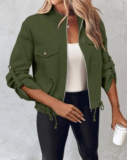 Flap Pocket Roll Tab Sleeve Drawstring Hem Zip Up Jacket Army green