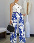 2 Pieces Outfit 3D Flower Decor Asymmetrical Neck Spaghetti Strap Top and Casual Floral Print Wide Leg Pants Set blue