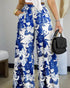 2 Pieces Outfit 3D Flower Decor Asymmetrical Neck Spaghetti Strap Top and Casual Floral Print Wide Leg Pants Set blue