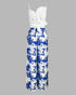 2 Pieces Outfit 3D Flower Decor Asymmetrical Neck Spaghetti Strap Top and Casual Floral Print Wide Leg Pants Set blue