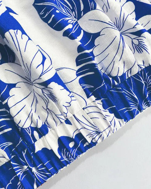 2 Pieces Outfit 3D Flower Decor Asymmetrical Neck Spaghetti Strap Top and Casual Floral Print Wide Leg Pants Set blue