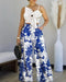 2 Pieces Outfit 3D Flower Decor Asymmetrical Neck Spaghetti Strap Top and Casual Floral Print Wide Leg Pants Set blue