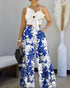 2 Pieces Outfit 3D Flower Decor Asymmetrical Neck Spaghetti Strap Top and Casual Floral Print Wide Leg Pants Set blue