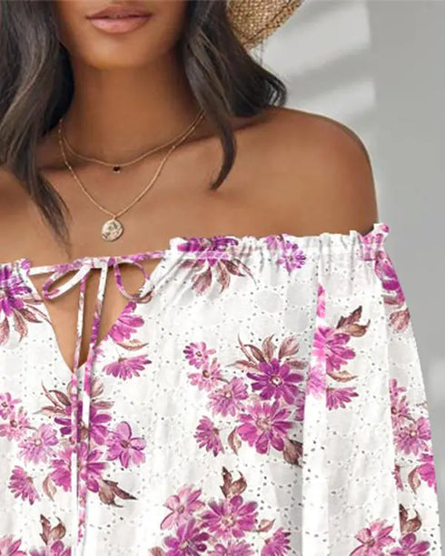Floral Print Off Shoulder Eyelet Embroidery Blouse Three Quarter Sleeve Tied Detail Top white