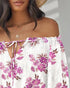 Floral Print Off Shoulder Eyelet Embroidery Blouse Three Quarter Sleeve Tied Detail Top white