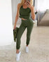 3 Piece Ribbed Tank Top and Crewneck Long Sleeve Tops High Waist Pants Tracksuit Army green