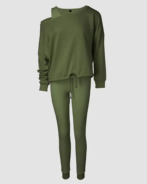 3 Piece Ribbed Tank Top and Crewneck Long Sleeve Tops High Waist Pants Tracksuit Army green