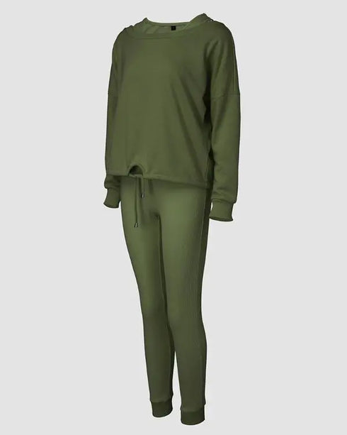 3 Piece Ribbed Tank Top and Crewneck Long Sleeve Tops High Waist Pants Tracksuit Army green