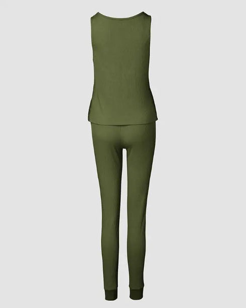 3 Piece Ribbed Tank Top and Crewneck Long Sleeve Tops High Waist Pants Tracksuit Army green
