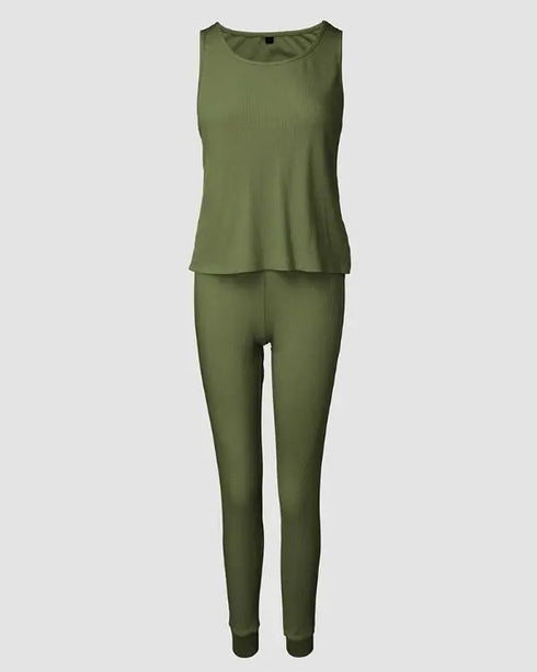 3 Piece Ribbed Tank Top and Crewneck Long Sleeve Tops High Waist Pants Tracksuit Army green