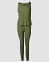 3 Piece Ribbed Tank Top and Crewneck Long Sleeve Tops High Waist Pants Tracksuit Army green