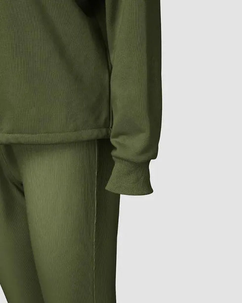 3 Piece Ribbed Tank Top and Crewneck Long Sleeve Tops High Waist Pants Tracksuit Army green