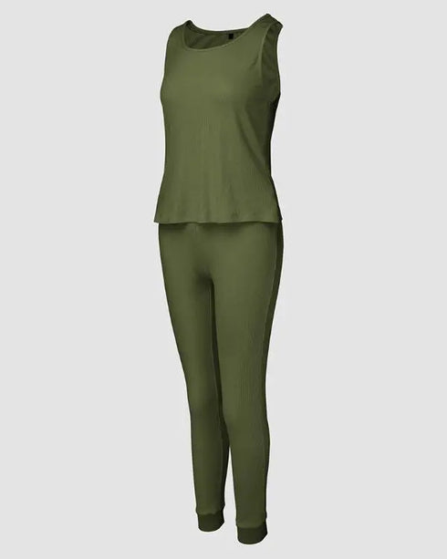 3 Piece Ribbed Tank Top and Crewneck Long Sleeve Tops High Waist Pants Tracksuit Army green