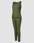 3 Piece Ribbed Tank Top and Crewneck Long Sleeve Tops High Waist Pants Tracksuit Army green