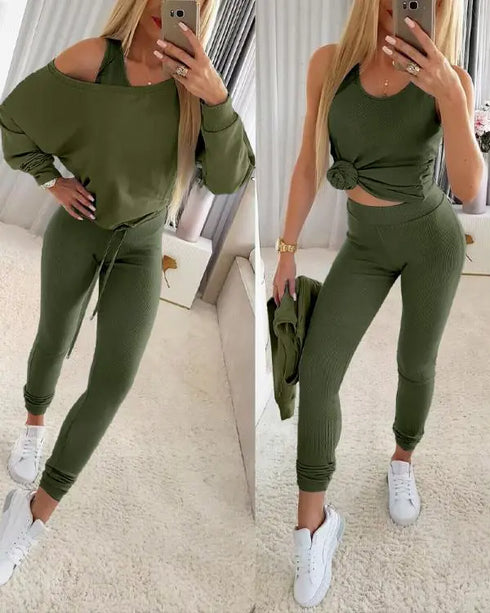 3 Piece Ribbed Tank Top and Crewneck Long Sleeve Tops High Waist Pants Tracksuit Army green