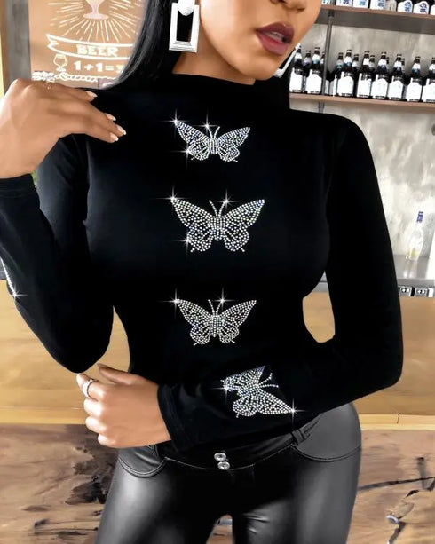 Rhinestone Butterfly Pattern Long Sleeve Top black