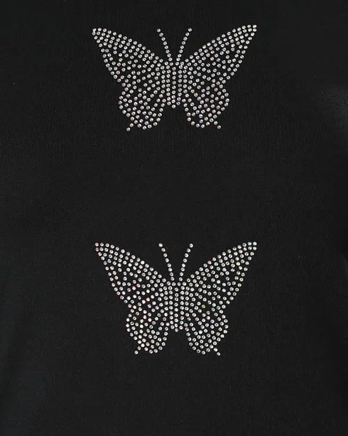 Rhinestone Butterfly Pattern Long Sleeve Top black
